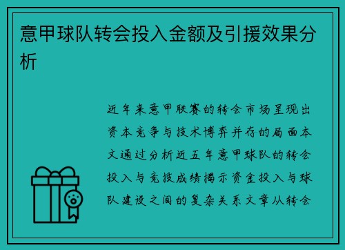 意甲球队转会投入金额及引援效果分析